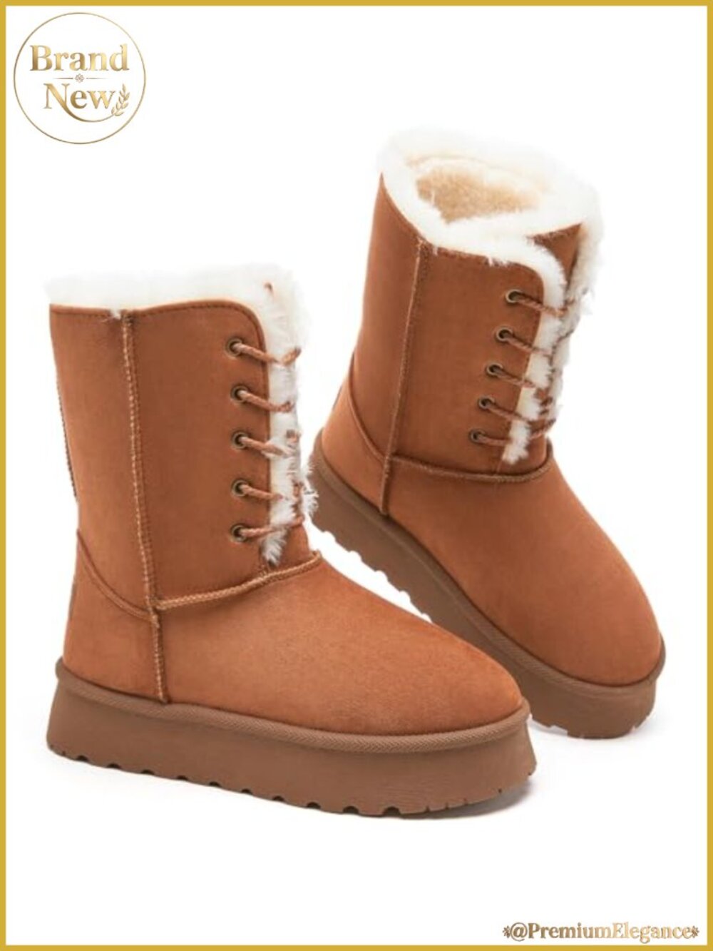 Uoidru Women's Snow Boots Mid-Calf Lace-Up Fur Lined Suede Platform Winter Boots